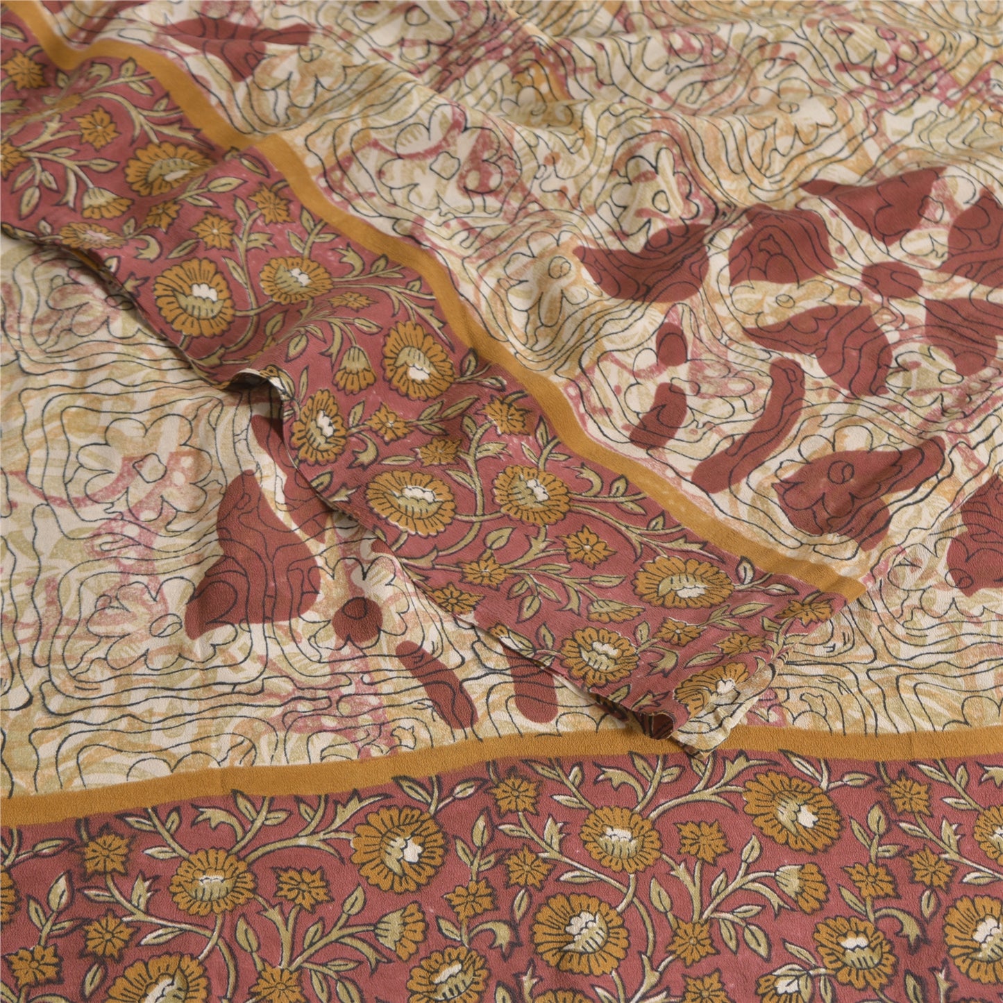 Sanskriti Vintage Sarees Ivory 100%Pure Crepe Silk Printed Sari 5yd Craft Sustainable Fabric