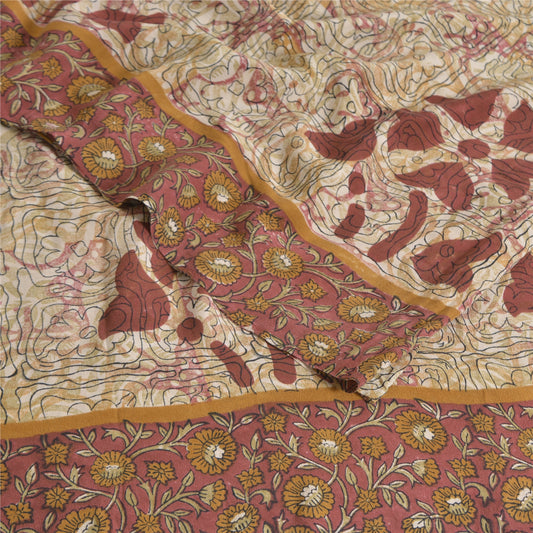 Sanskriti Vintage Sarees Ivory 100%Pure Crepe Silk Printed Sari 5yd Craft Sustainable Fabric