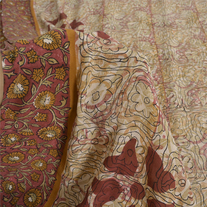 Sanskriti Vintage Sarees Ivory 100%Pure Crepe Silk Printed Sari 5yd Craft Sustainable Fabric