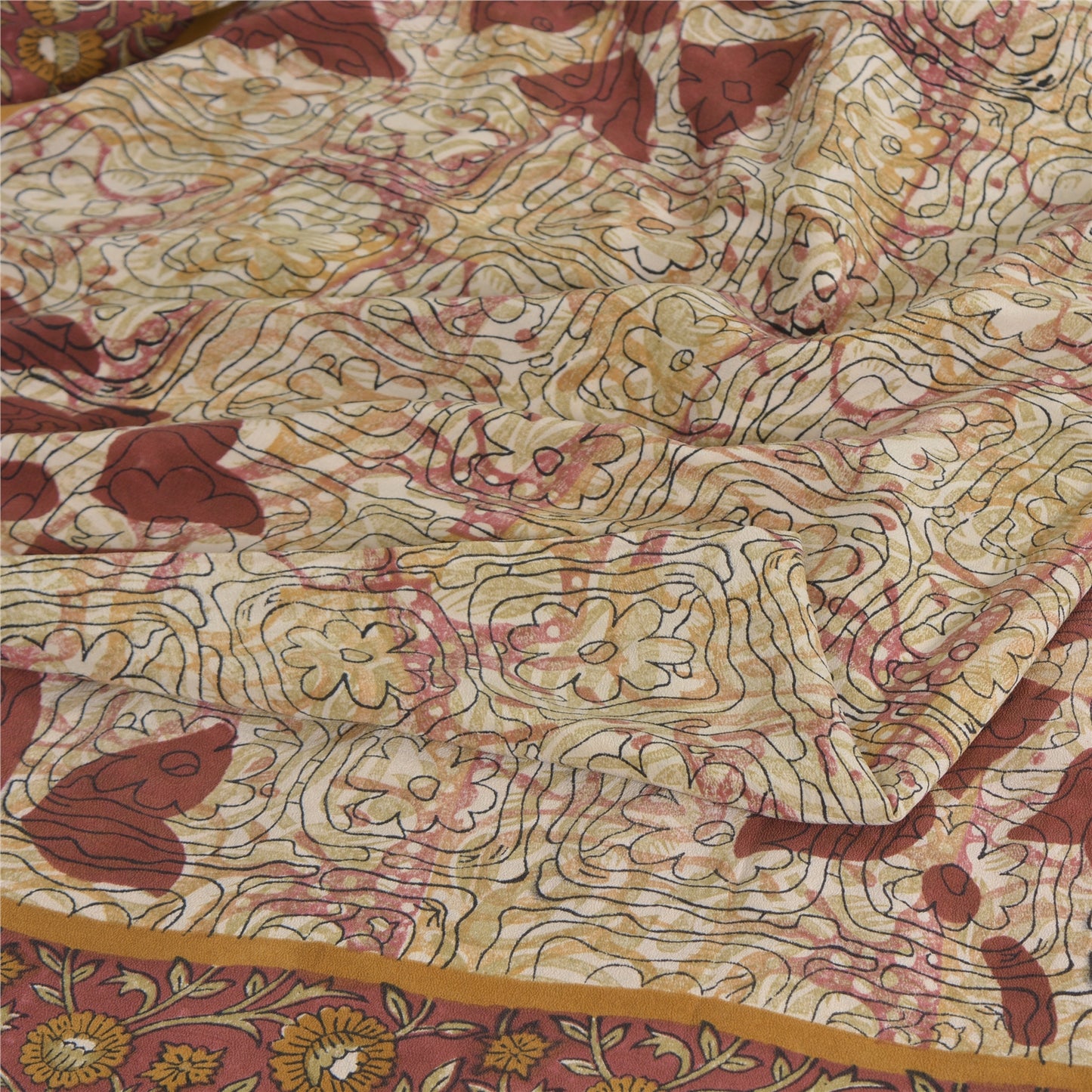 Sanskriti Vintage Sarees Ivory 100%Pure Crepe Silk Printed Sari 5yd Craft Sustainable Fabric