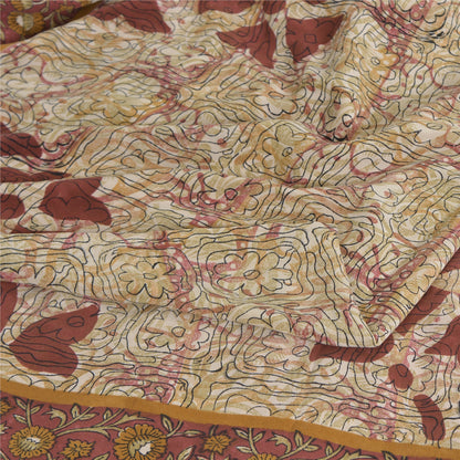 Sanskriti Vintage Sarees Ivory 100%Pure Crepe Silk Printed Sari 5yd Craft Sustainable Fabric