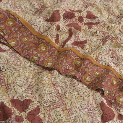 Sanskriti Vintage Sarees Ivory 100%Pure Crepe Silk Printed Sari 5yd Craft Sustainable Fabric