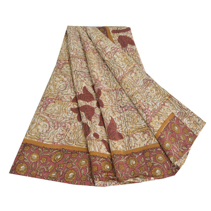 Sanskriti Vintage Sarees Ivory 100%Pure Crepe Silk Printed Sari 5yd Craft Sustainable Fabric