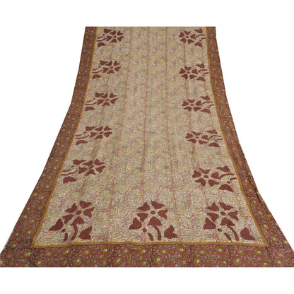 Sanskriti Vintage Sarees Ivory 100%Pure Crepe Silk Printed Sari 5yd Craft Sustainable Fabric