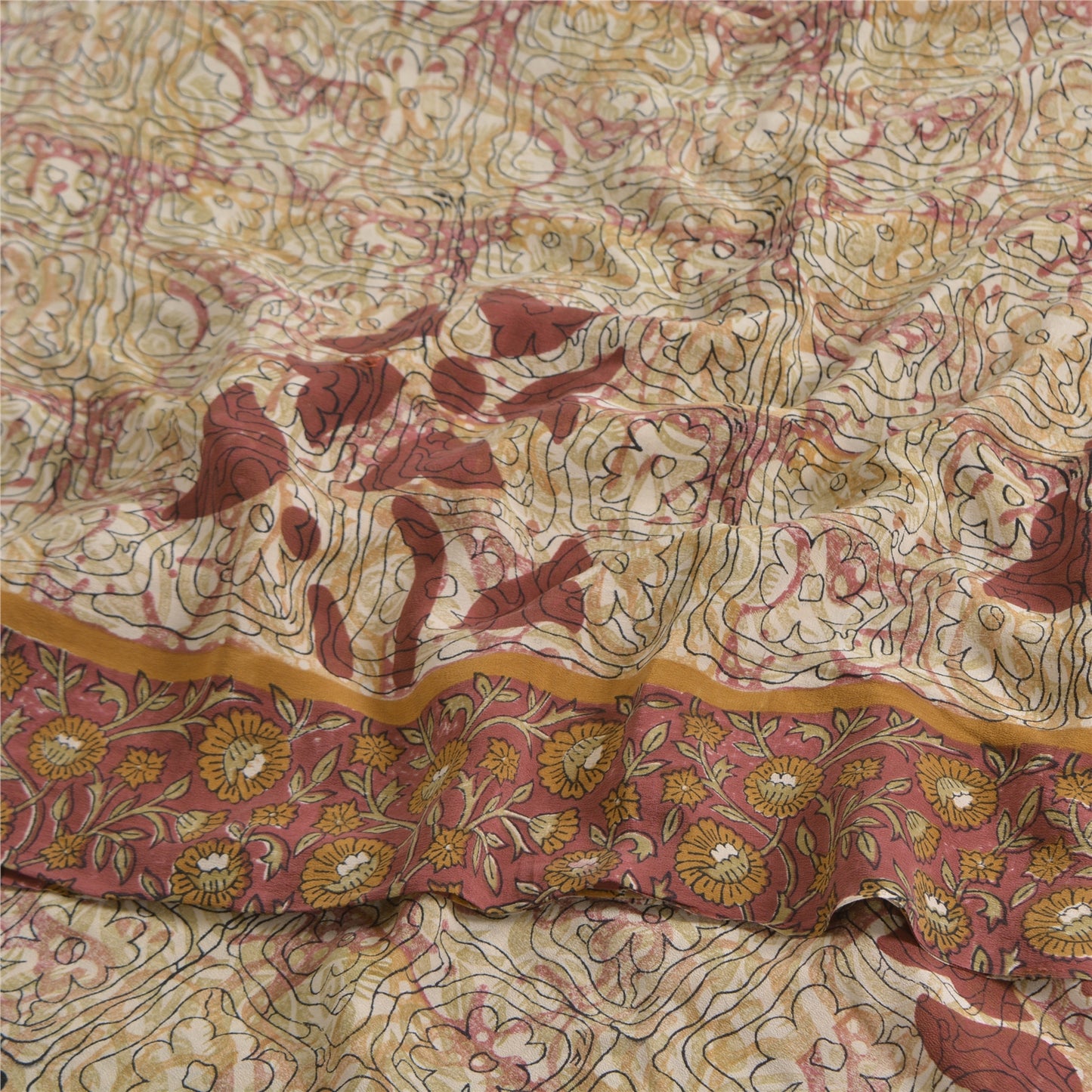 Sanskriti Vintage Sarees Ivory 100%Pure Crepe Silk Printed Sari 5yd Craft Sustainable Fabric