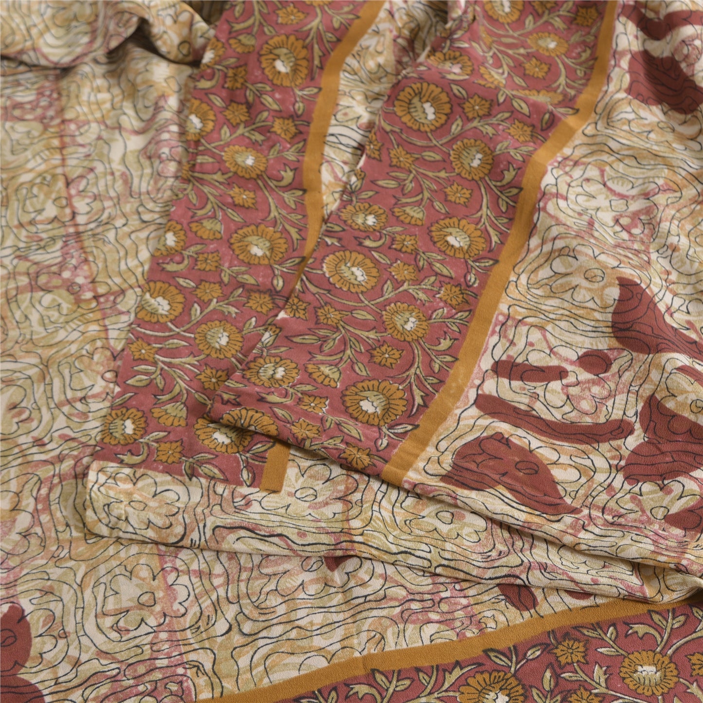 Sanskriti Vintage Sarees Ivory 100%Pure Crepe Silk Printed Sari 5yd Craft Sustainable Fabric