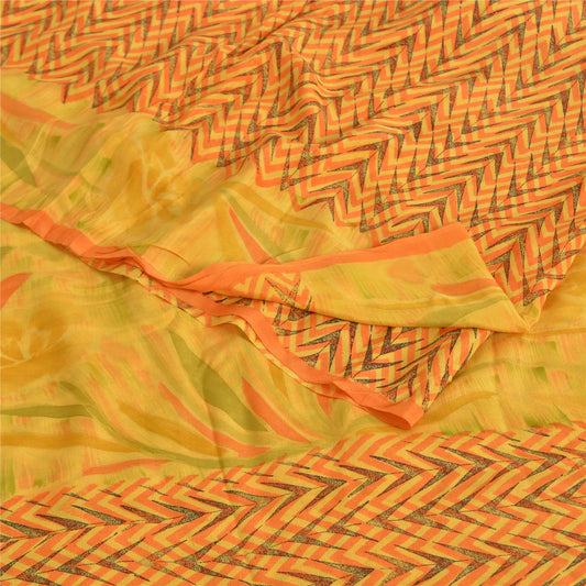 Sanskriti Vintage Sarees Yellow Pure Crepe Silk Printed Sari 5yd Craft Sustainable Fabric