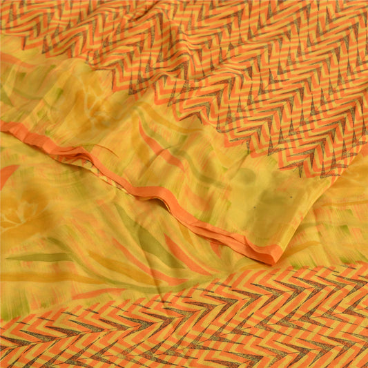 Sanskriti Vintage Sarees Yellow Pure Crepe Silk Printed Sari 5yd Craft Sustainable Fabric