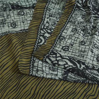 Sanskriti Vintage Sarees Grey Pure Crepe Silk Abstract Printed Sari Craft Sustainable Fabric