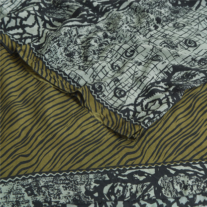 Sanskriti Vintage Sarees Grey Pure Crepe Silk Abstract Printed Sari Craft Sustainable Fabric
