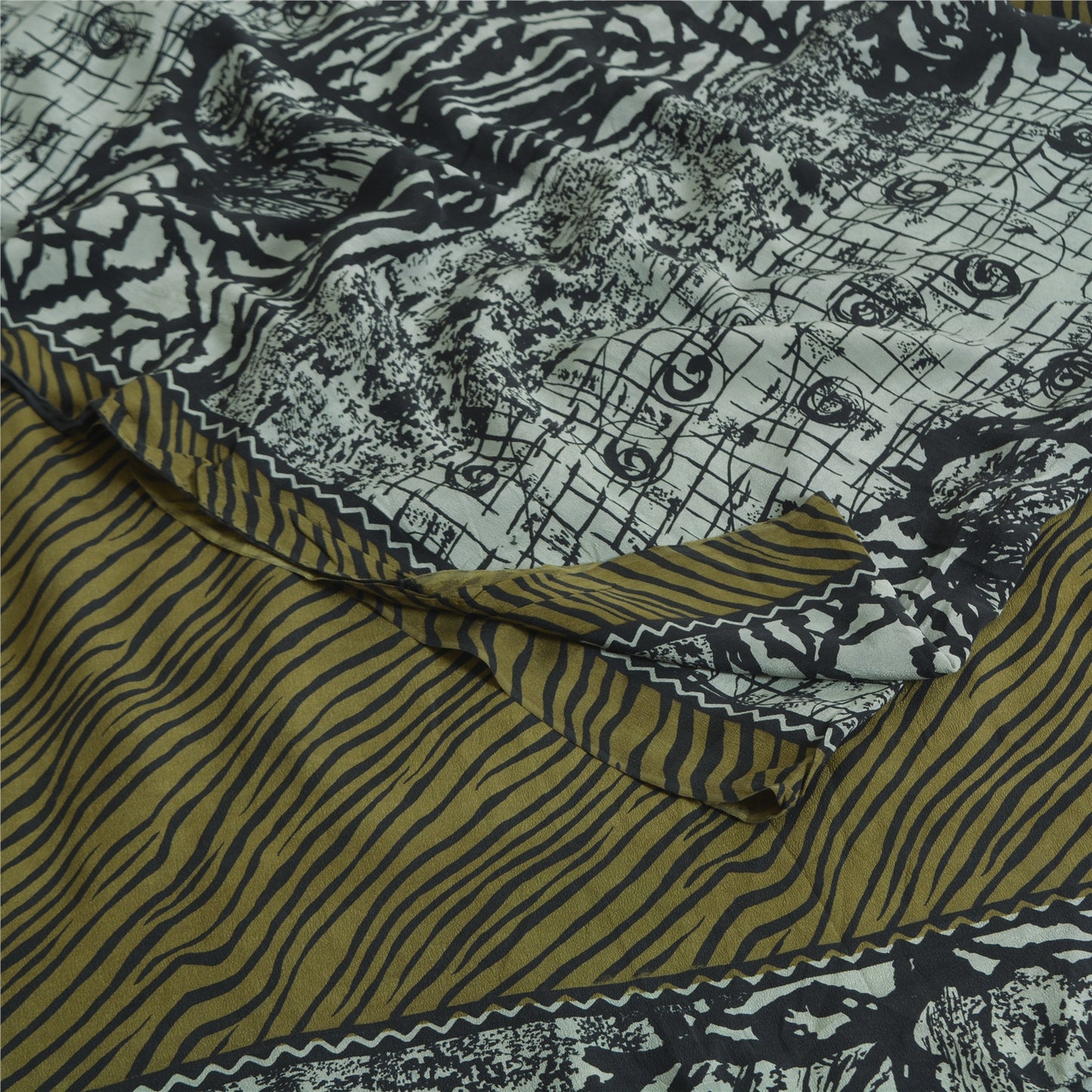 Sanskriti Vintage Sarees Grey Pure Crepe Silk Abstract Printed Sari Craft Sustainable Fabric