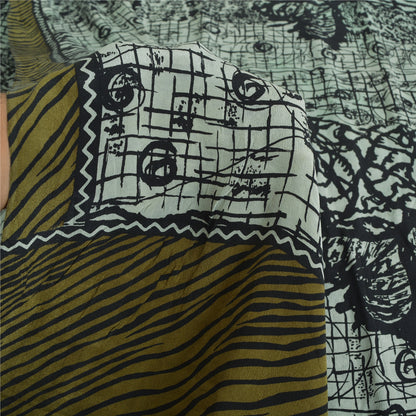 Sanskriti Vintage Sarees Grey Pure Crepe Silk Abstract Printed Sari Craft Sustainable Fabric