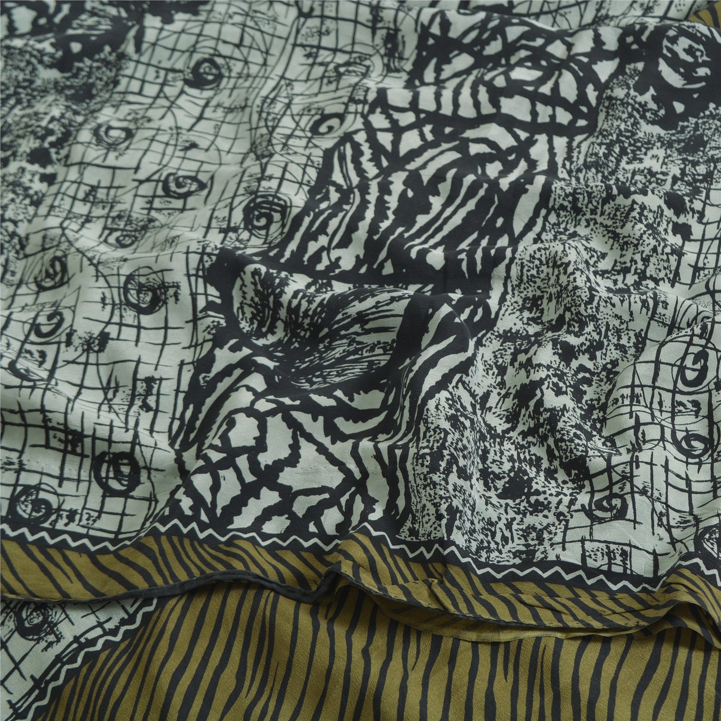 Sanskriti Vintage Sarees Grey Pure Crepe Silk Abstract Printed Sari Craft Sustainable Fabric