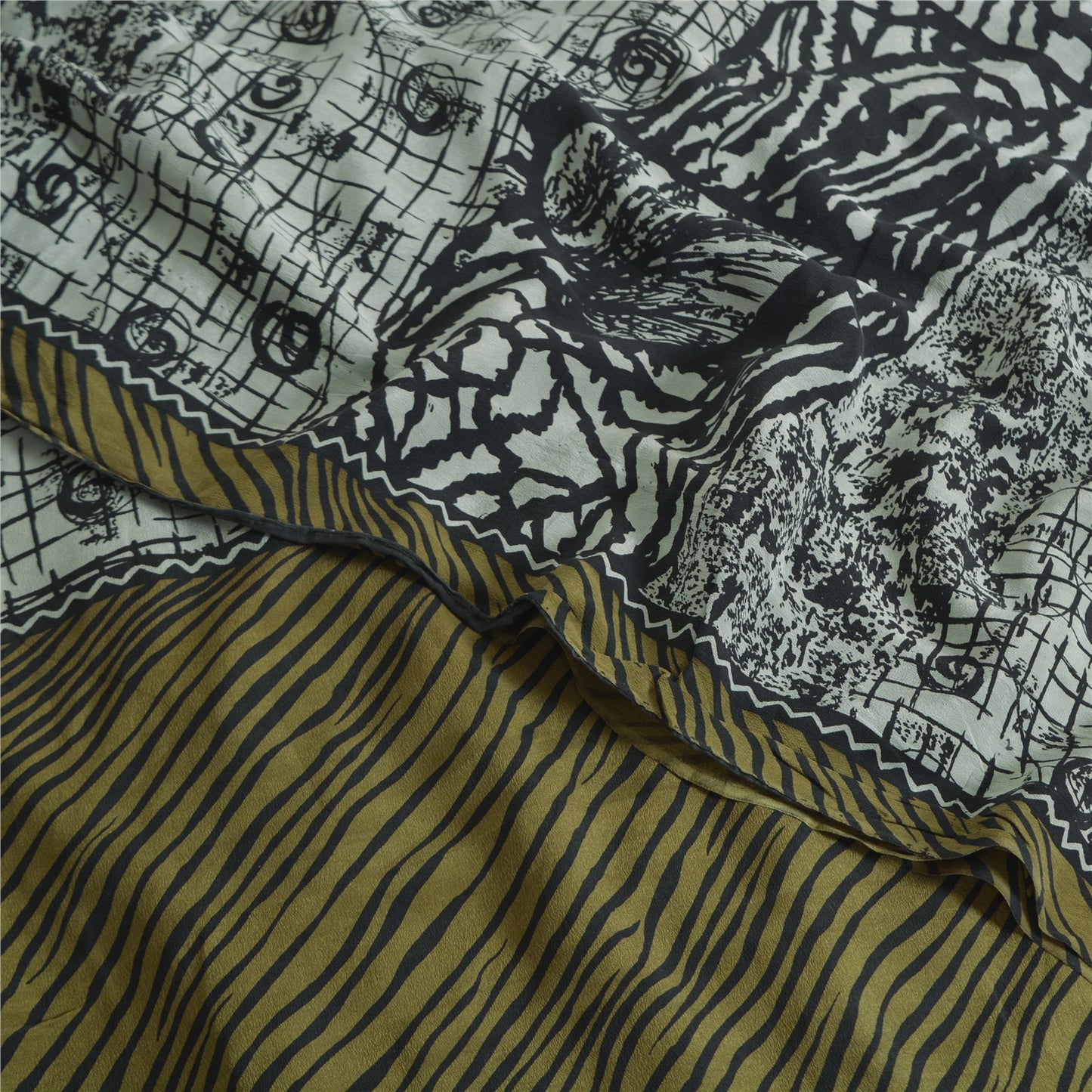 Sanskriti Vintage Sarees Grey Pure Crepe Silk Abstract Printed Sari Craft Sustainable Fabric