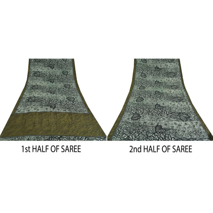 Sanskriti Vintage Sarees Grey Pure Crepe Silk Abstract Printed Sari Craft Sustainable Fabric