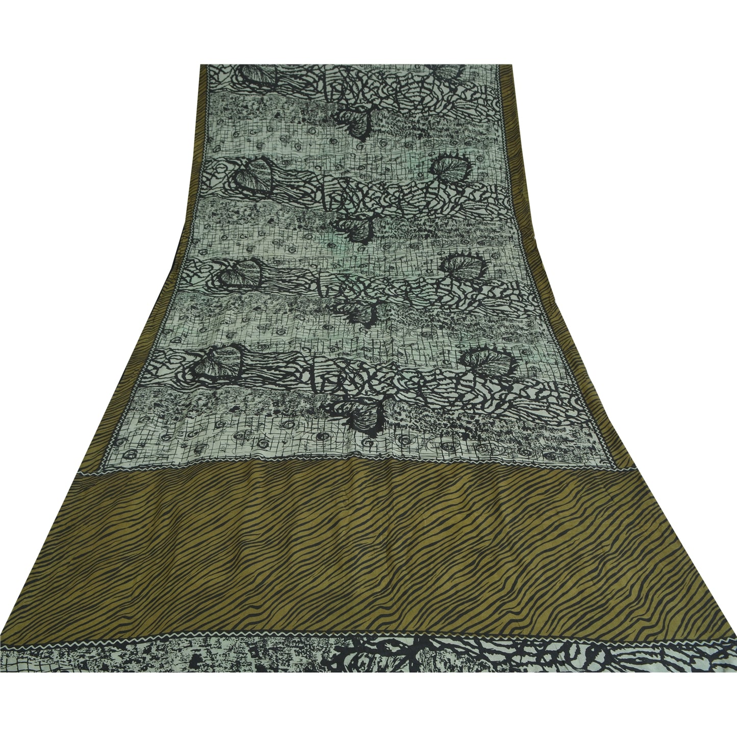 Sanskriti Vintage Sarees Grey Pure Crepe Silk Abstract Printed Sari Craft Sustainable Fabric