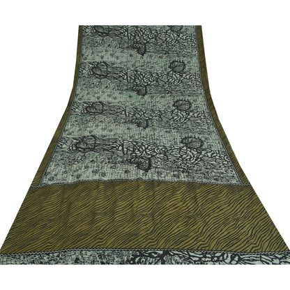 Sanskriti Vintage Sarees Grey Pure Crepe Silk Abstract Printed Sari Craft Sustainable Fabric
