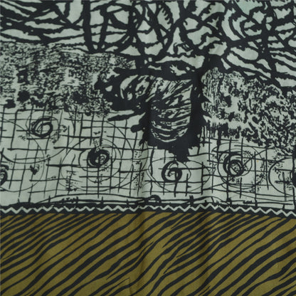 Sanskriti Vintage Sarees Grey Pure Crepe Silk Abstract Printed Sari Craft Sustainable Fabric