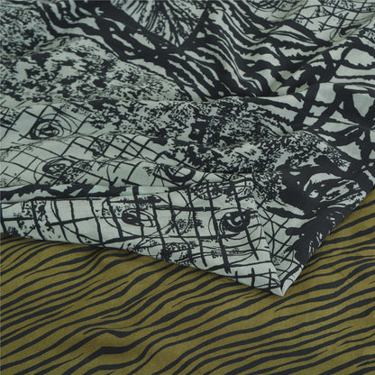 Sanskriti Vintage Sarees Grey Pure Crepe Silk Abstract Printed Sari Craft Sustainable Fabric