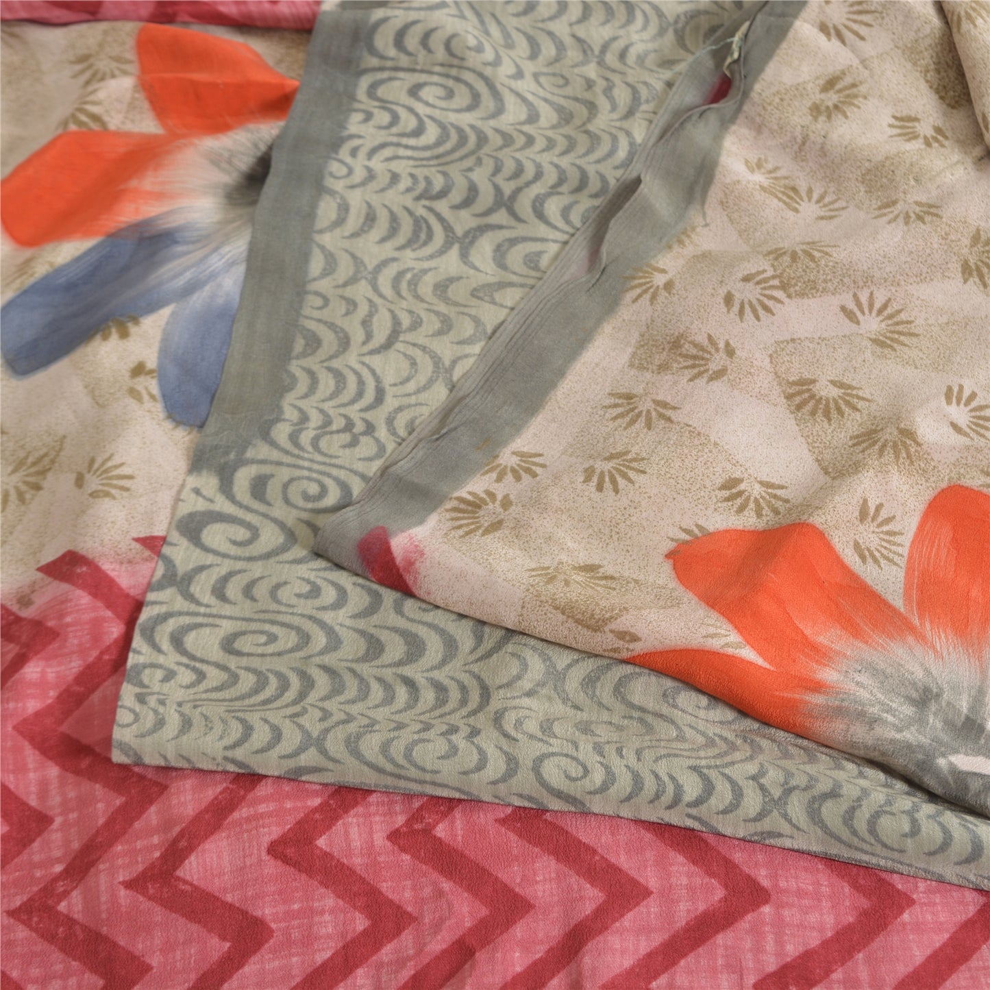 Sanskriti Vintage Sarees Light Gray Pure Crepe Silk Print Sari 5yd Craft Sustainable Fabric