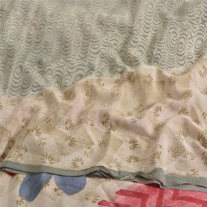 Sanskriti Vintage Sarees Light Gray Pure Crepe Silk Print Sari 5yd Craft Sustainable Fabric