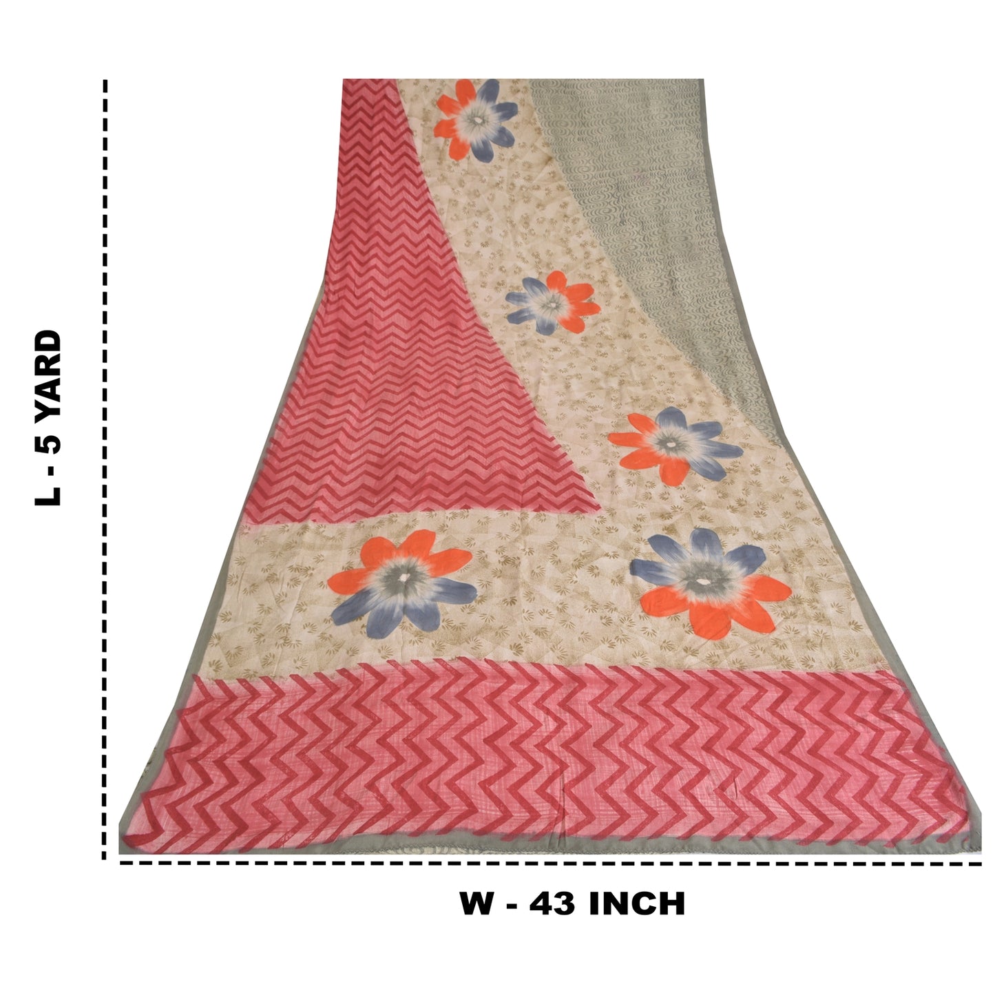 Sanskriti Vintage Sarees Light Gray Pure Crepe Silk Print Sari 5yd Craft Sustainable Fabric