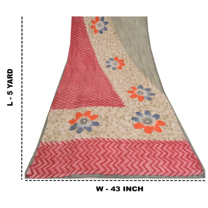 Sanskriti Vintage Sarees Light Gray Pure Crepe Silk Print Sari 5yd Craft Sustainable Fabric
