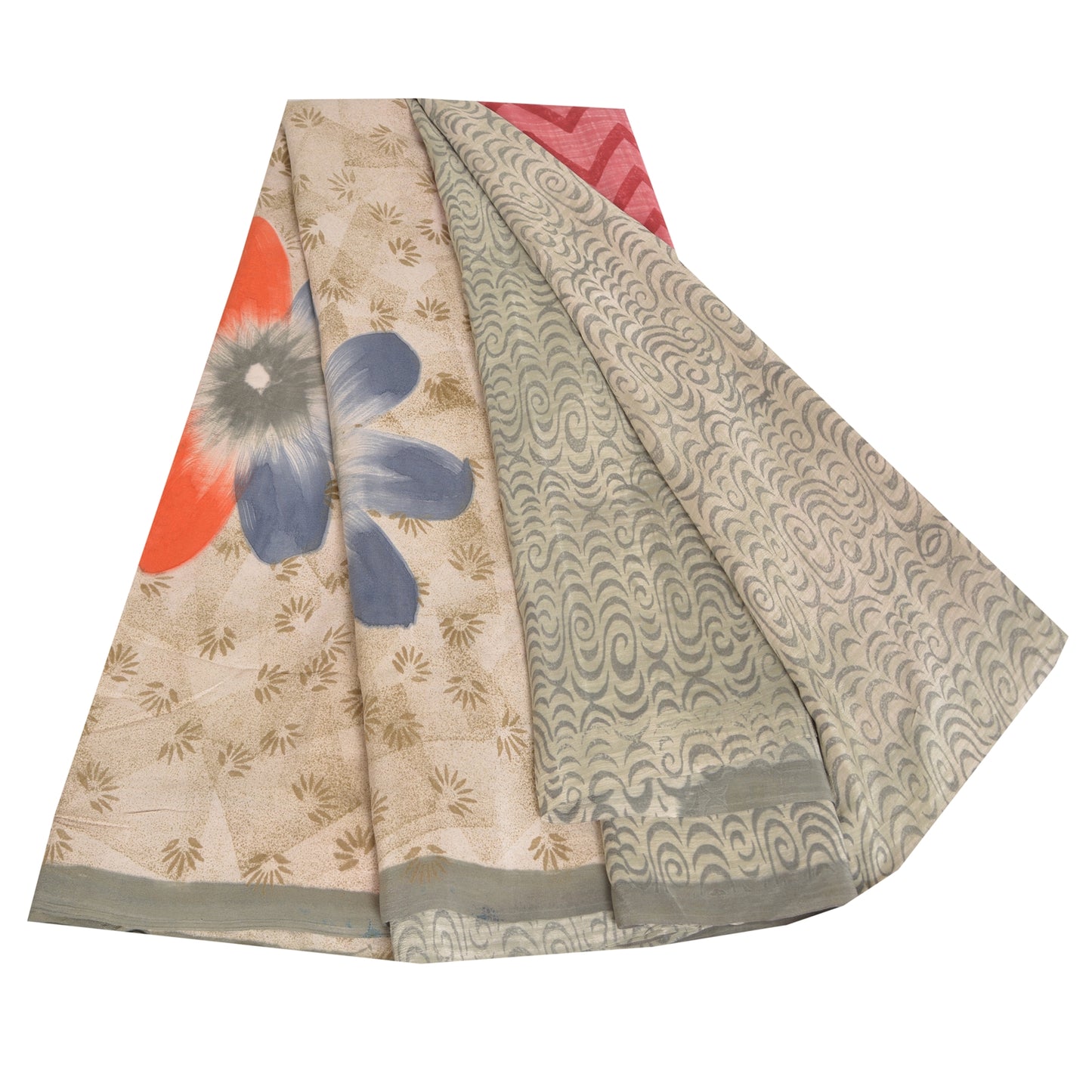 Sanskriti Vintage Sarees Light Gray Pure Crepe Silk Print Sari 5yd Craft Sustainable Fabric