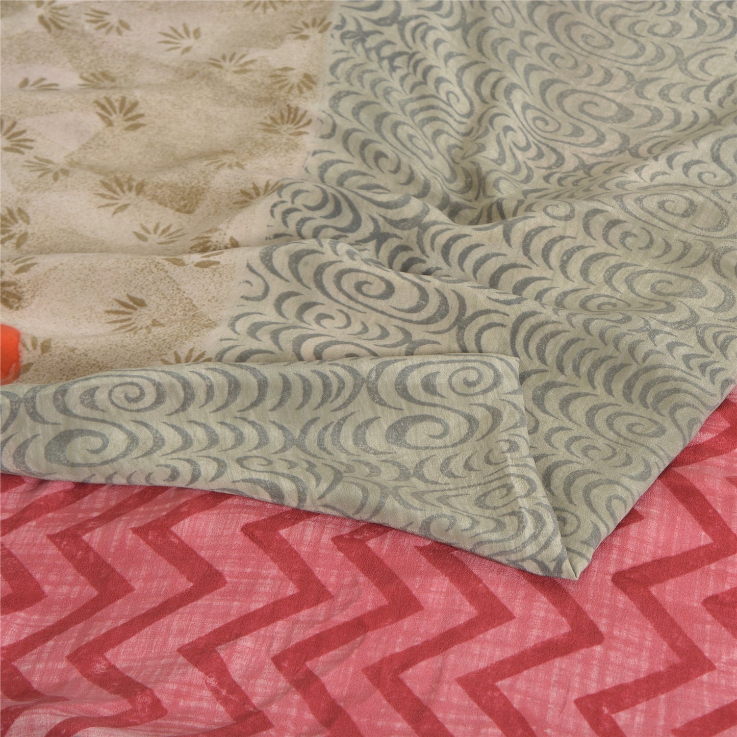 Sanskriti Vintage Sarees Light Gray Pure Crepe Silk Print Sari 5yd Craft Sustainable Fabric