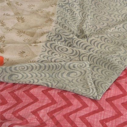 Sanskriti Vintage Sarees Light Gray Pure Crepe Silk Print Sari 5yd Craft Sustainable Fabric