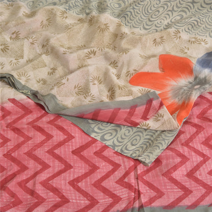 Sanskriti Vintage Sarees Light Gray Pure Crepe Silk Print Sari 5yd Craft Sustainable Fabric