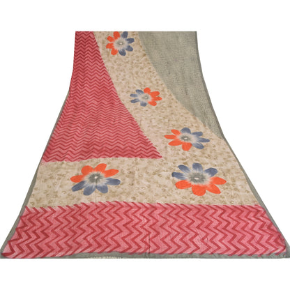 Sanskriti Vintage Sarees Light Gray Pure Crepe Silk Print Sari 5yd Craft Sustainable Fabric