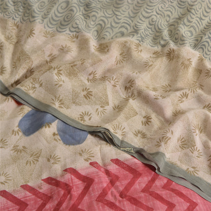 Sanskriti Vintage Sarees Light Gray Pure Crepe Silk Print Sari 5yd Craft Sustainable Fabric