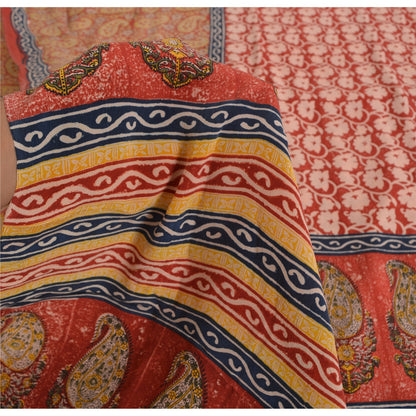 Sanskriti Vintage Sarees Red 100% Pure Crepe Silk Printed Sari 5yd Craft Sustainable Fabric