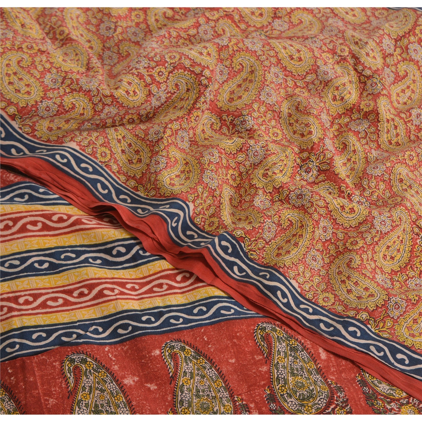 Sanskriti Vintage Sarees Red 100% Pure Crepe Silk Printed Sari 5yd Craft Sustainable Fabric