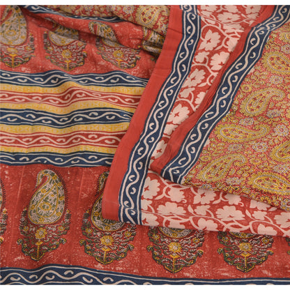 Sanskriti Vintage Sarees Red 100% Pure Crepe Silk Printed Sari 5yd Craft Sustainable Fabric
