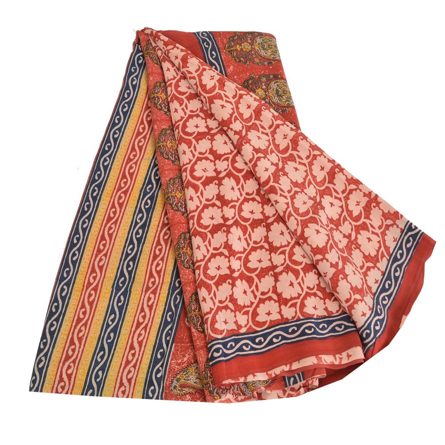 Sanskriti Vintage Sarees Red 100% Pure Crepe Silk Printed Sari 5yd Craft Sustainable Fabric