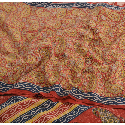 Sanskriti Vintage Sarees Red 100% Pure Crepe Silk Printed Sari 5yd Craft Sustainable Fabric