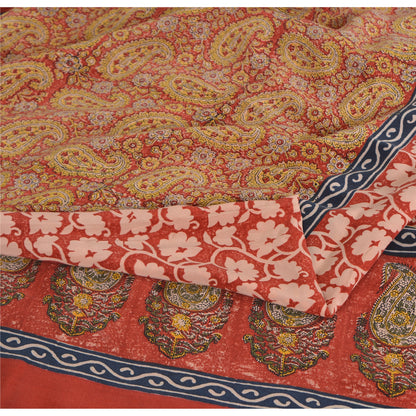 Sanskriti Vintage Sarees Red 100% Pure Crepe Silk Printed Sari 5yd Craft Sustainable Fabric