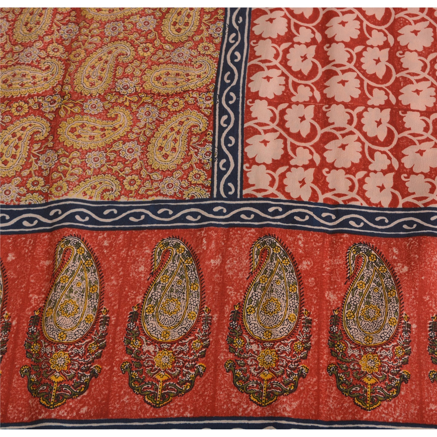 Sanskriti Vintage Sarees Red 100% Pure Crepe Silk Printed Sari 5yd Craft Sustainable Fabric