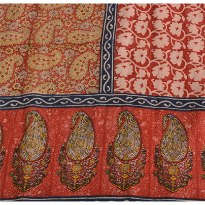 Sanskriti Vintage Sarees Red 100% Pure Crepe Silk Printed Sari 5yd Craft Sustainable Fabric