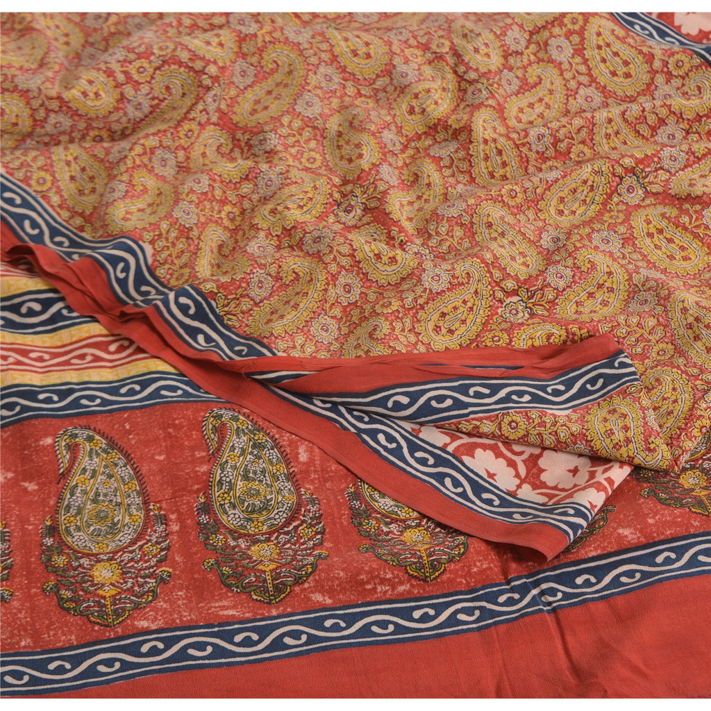 Sanskriti Vintage Sarees Red 100% Pure Crepe Silk Printed Sari 5yd Craft Sustainable Fabric