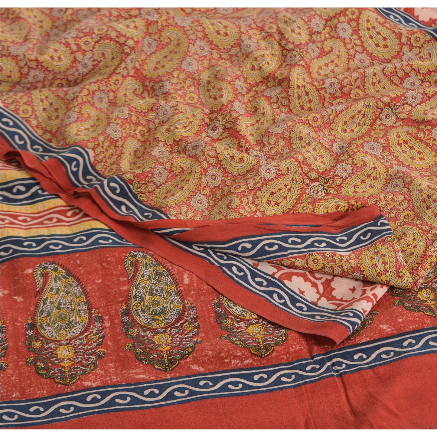 Sanskriti Vintage Sarees Red 100% Pure Crepe Silk Printed Sari 5yd Craft Sustainable Fabric