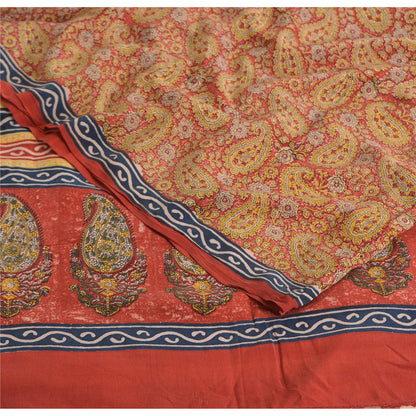 Sanskriti Vintage Sarees Red 100% Pure Crepe Silk Printed Sari 5yd Craft Sustainable Fabric