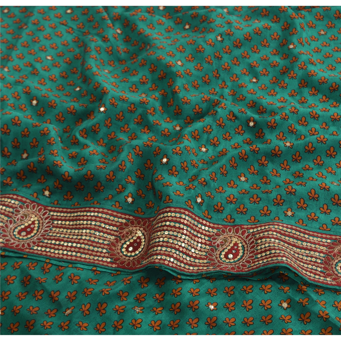 Sanskriti Vintage Sarees Green Pure Crepe Silk Print Embroidered Sari Sustainable Fabric