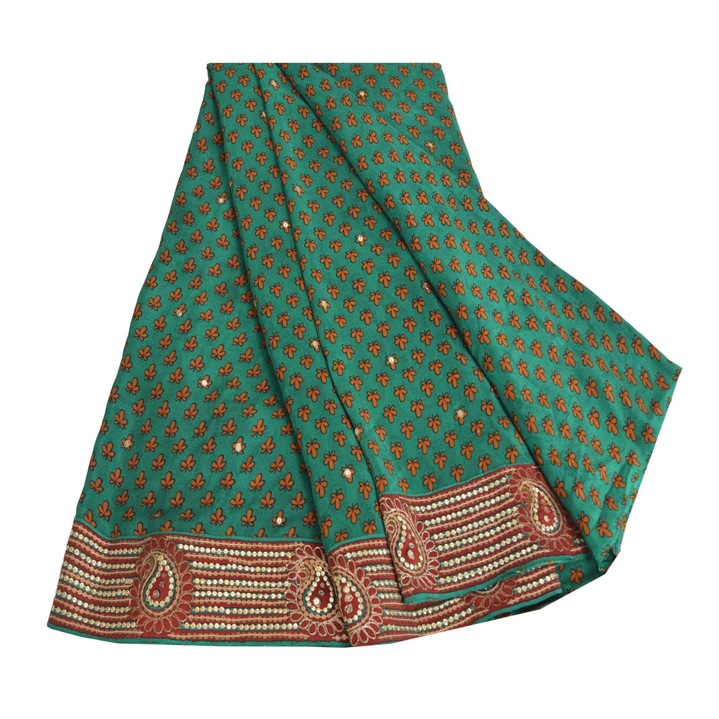 Sanskriti Vintage Sarees Green Pure Crepe Silk Print Embroidered Sari Sustainable Fabric