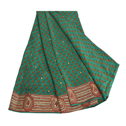 Sanskriti Vintage Sarees Green Pure Crepe Silk Print Embroidered Sari Sustainable Fabric