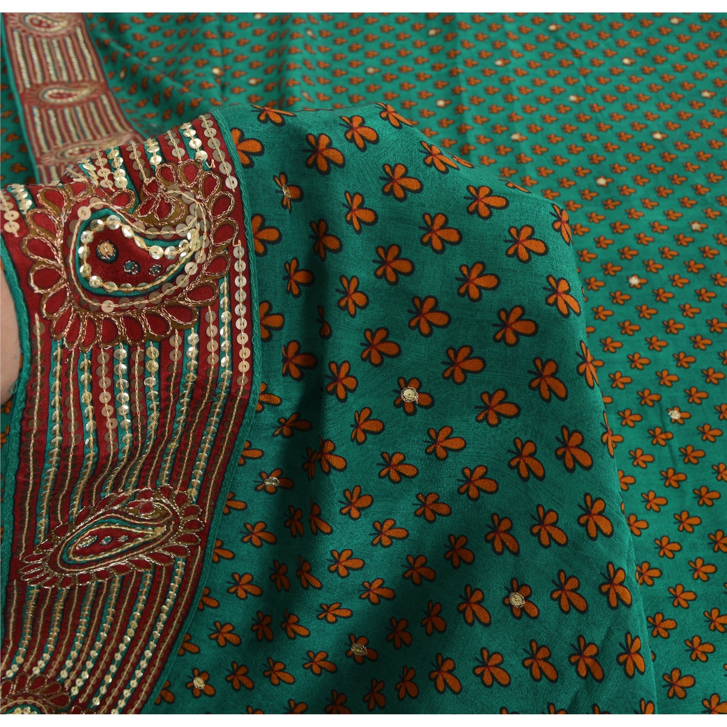 Sanskriti Vintage Sarees Green Pure Crepe Silk Print Embroidered Sari Sustainable Fabric
