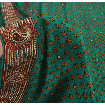 Sanskriti Vintage Sarees Green Pure Crepe Silk Print Embroidered Sari Sustainable Fabric