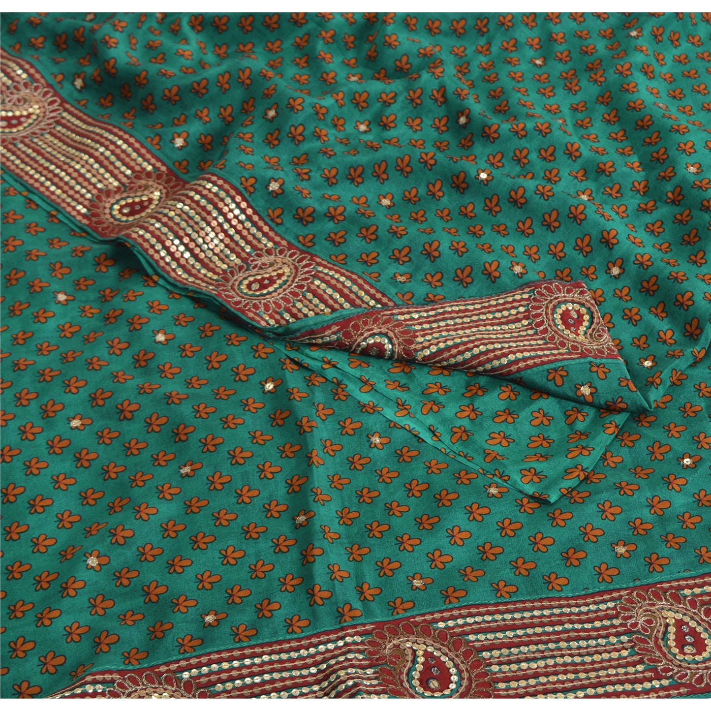 Sanskriti Vintage Sarees Green Pure Crepe Silk Print Embroidered Sari Sustainable Fabric